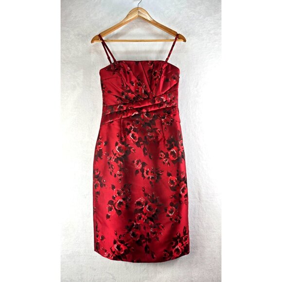 Red Satin Cocktail Dress Strapless Rose Jacquard 6 White House Black Market - Picture 1 of 14